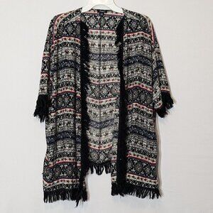 RHAPSODY Black/Red India Elephant Fabric; Open Fringed Tunic; Size L